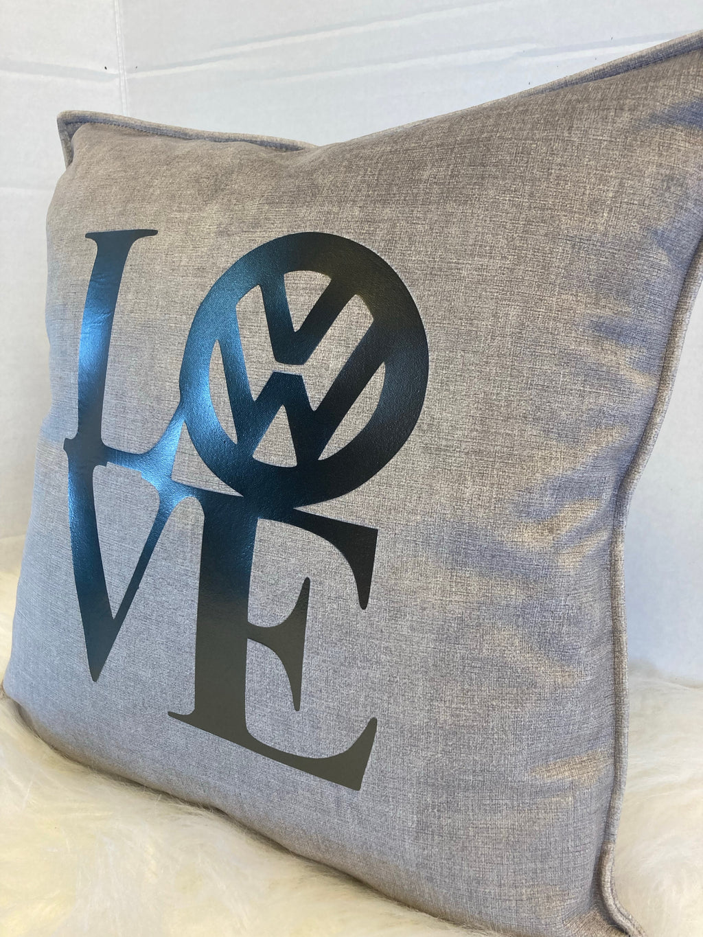 Gray pillow with 'LOVE' printed in Steel Vinyl and Grey background