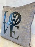 Gray pillow with 'LOVE' printed in Steel Vinyl and Grey background