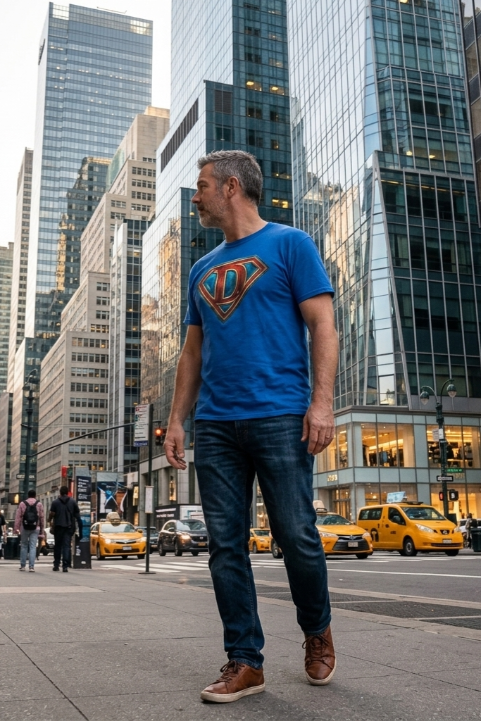 Dad wearing a blue Super-Dad t-shirt  standing on a city street .