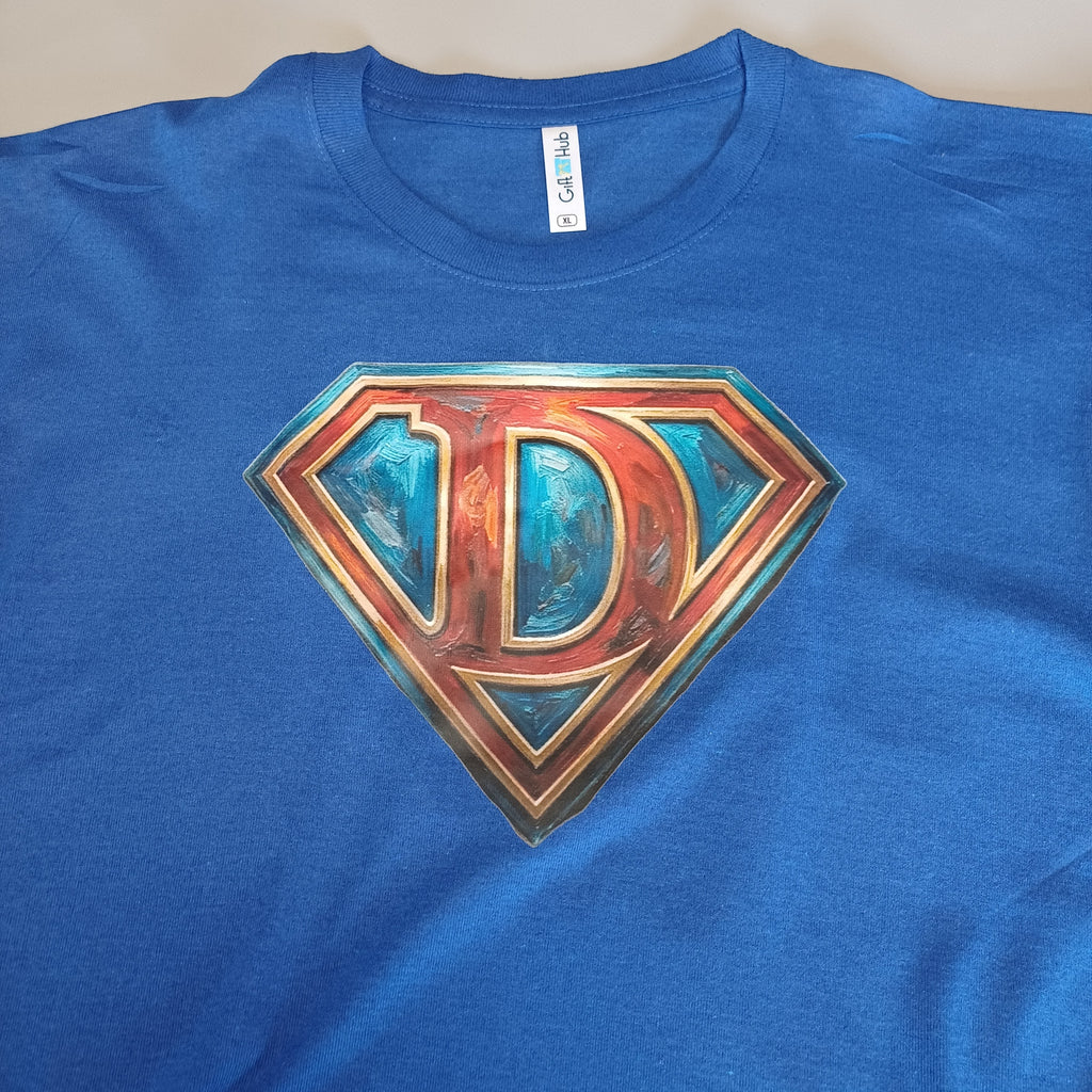 Blue t-shirt with a stylized 'D' logo on a plain background
