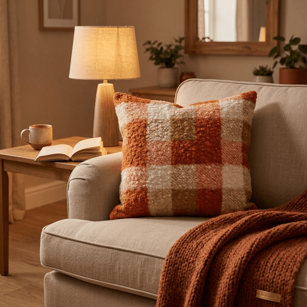 Autumn Orange, cream Checkered Bouclé cushion cover 40cm x 40cm - Cushions Galore