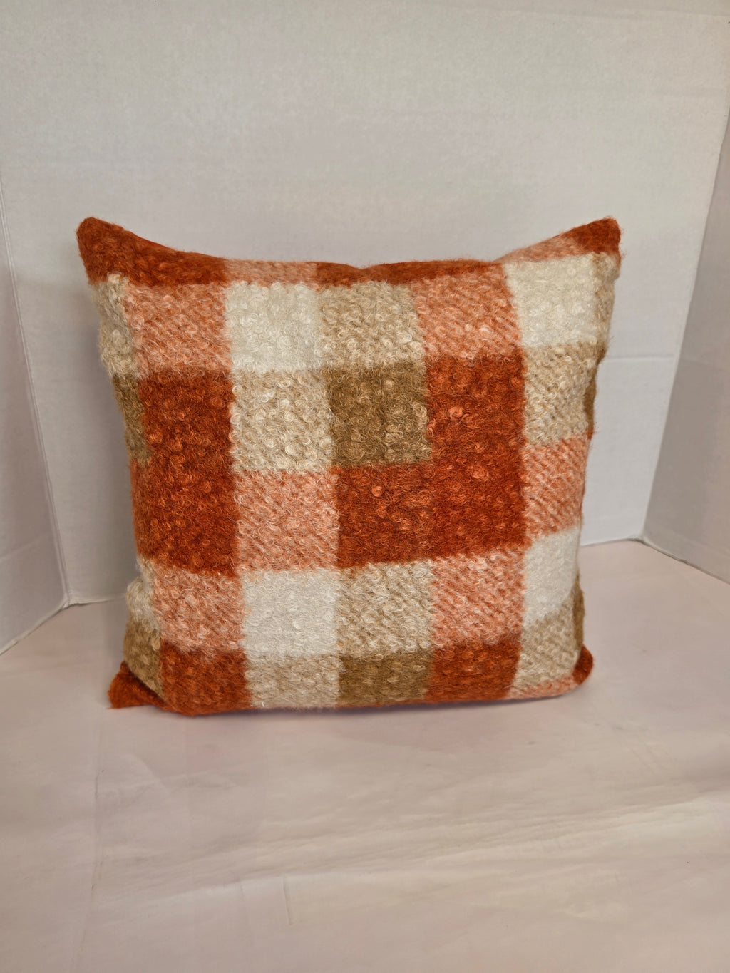 Autumn Orange, cream Checkered Bouclé cushion cover 40cm x 40cm - Cushions Galore