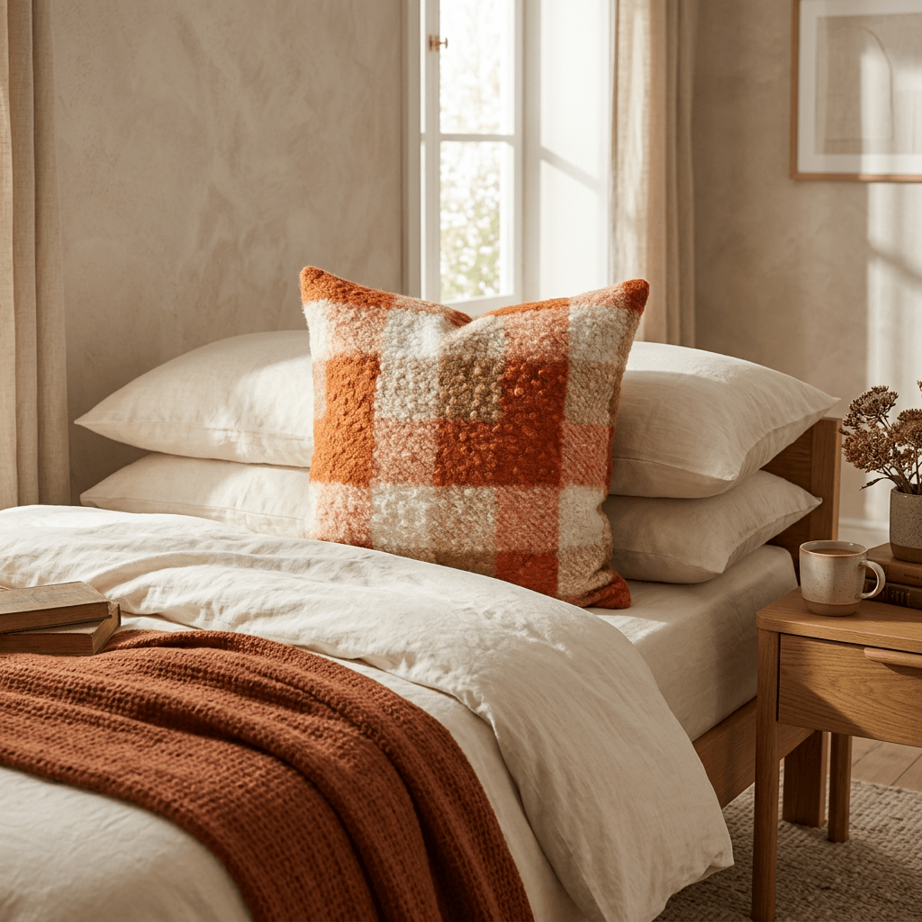 Autumn Orange, cream Checkered Bouclé cushion cover 40cm x 40cm - Cushions Galore