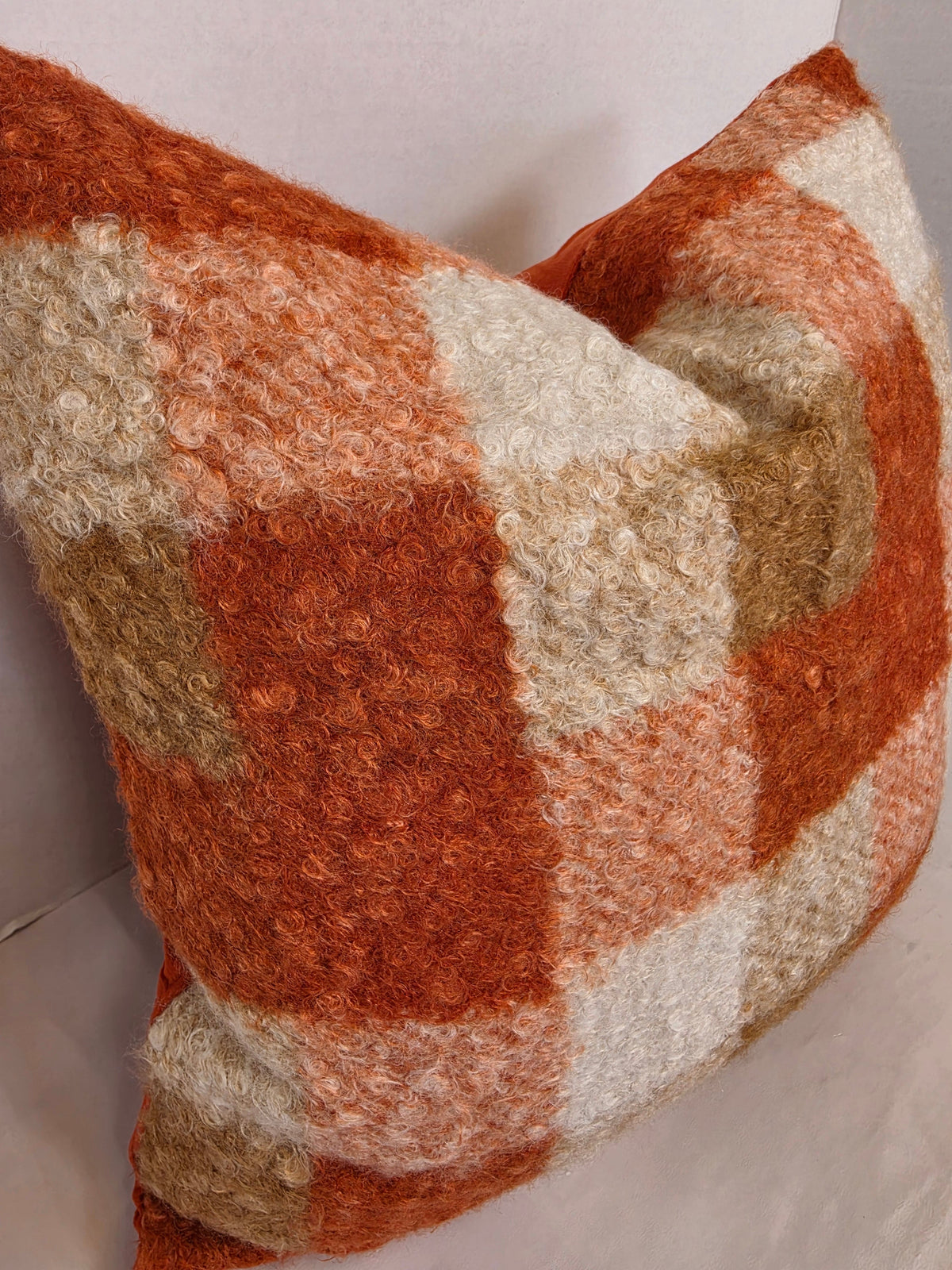 Autumn Orange, cream Checkered Bouclé cushion cover 40cm x 40cm - Cushions Galore