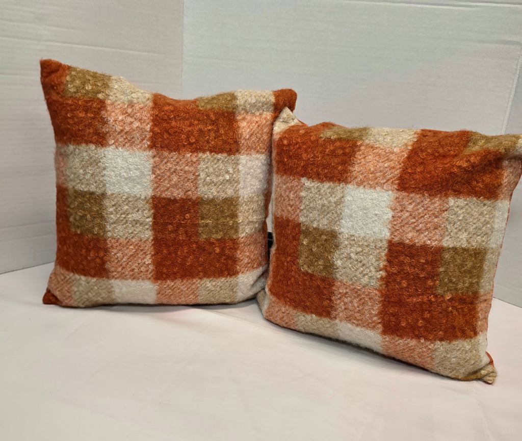 Autumn Orange, cream Checkered Bouclé cushion cover 40cm x 40cm - Cushions Galore