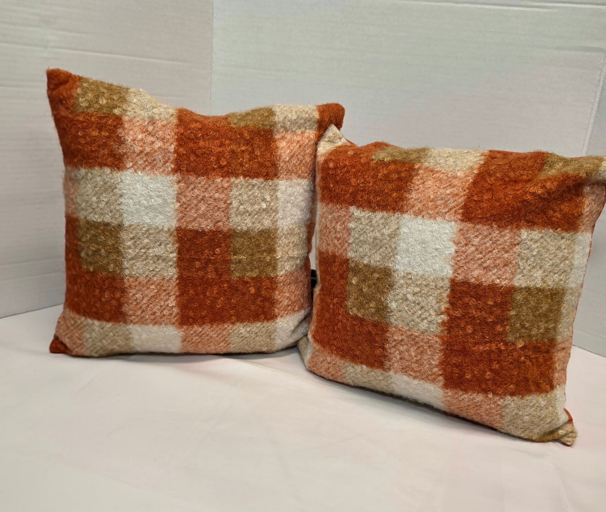 Autumn Orange, cream Checkered Bouclé cushion cover 40cm x 40cm - Cushions Galore