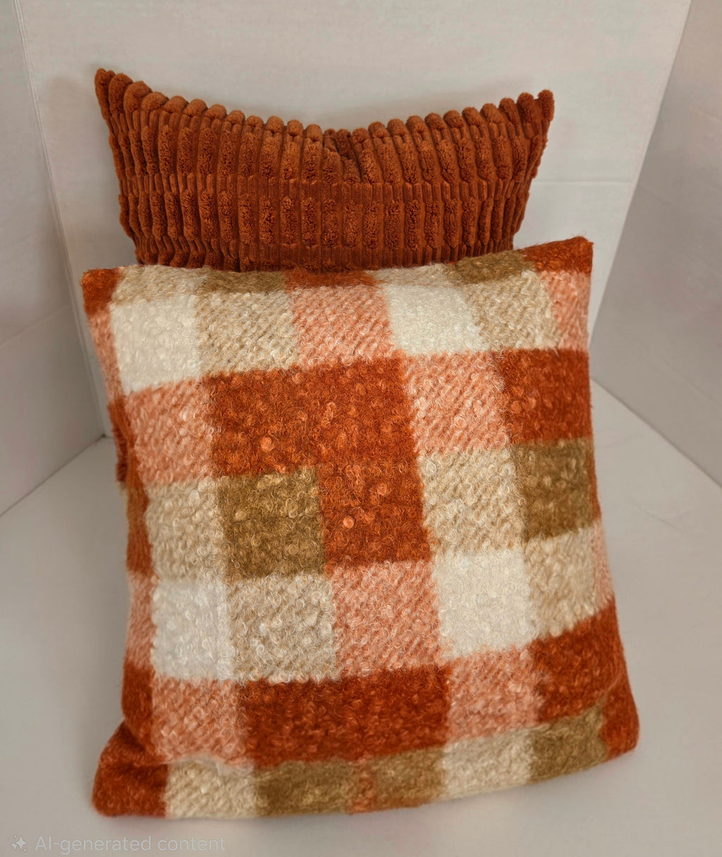 Autumn Orange, cream Checkered Bouclé cushion cover 40cm x 40cm - Cushions Galore