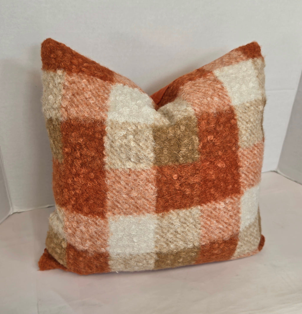 Autumn Orange, cream Checkered Bouclé cushion cover 40cm x 40cm - Cushions Galore
