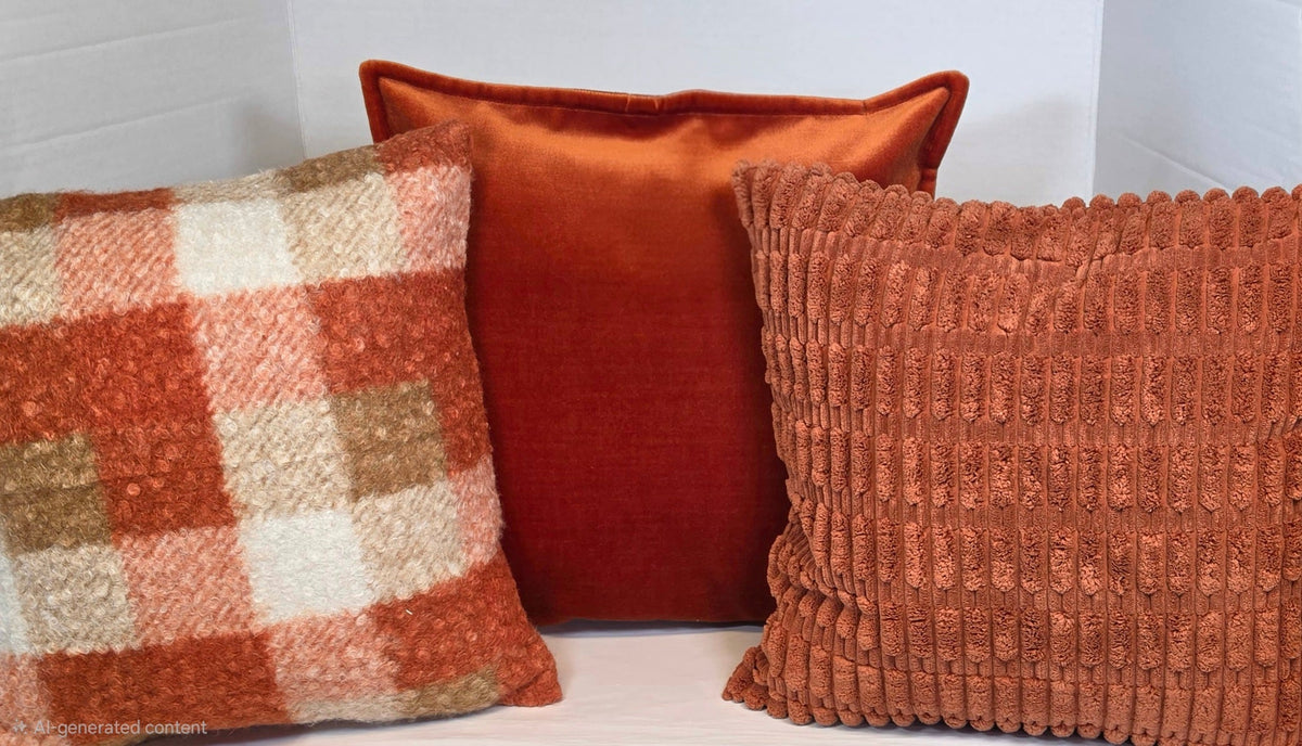 Autumn Orange, cream Checkered Bouclé cushion cover 40cm x 40cm - Cushions Galore