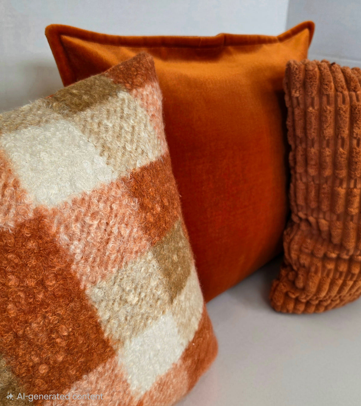 Autumn Orange, cream Checkered Bouclé cushion cover 40cm x 40cm - Cushions Galore
