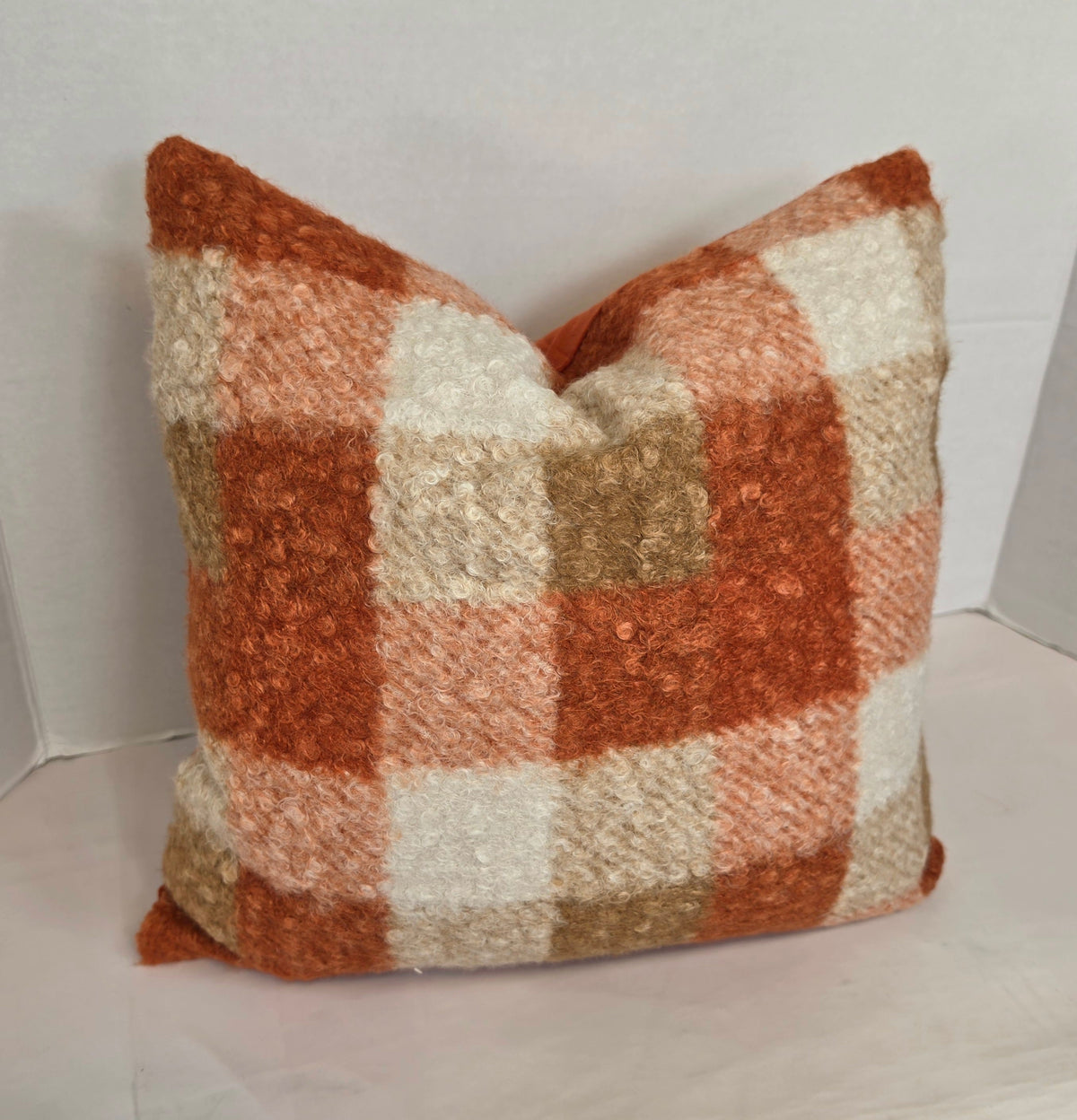 Autumn Orange, cream Checkered Bouclé cushion cover 40cm x 40cm - Cushions Galore