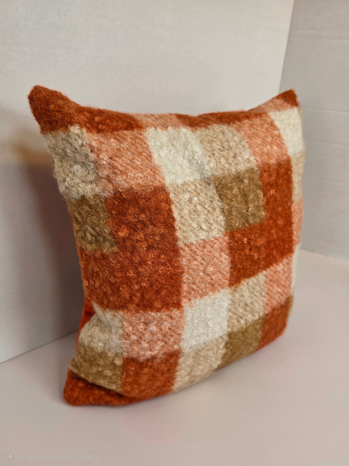 Autumn Orange, cream Checkered Bouclé cushion cover 40cm x 40cm - Cushions Galore