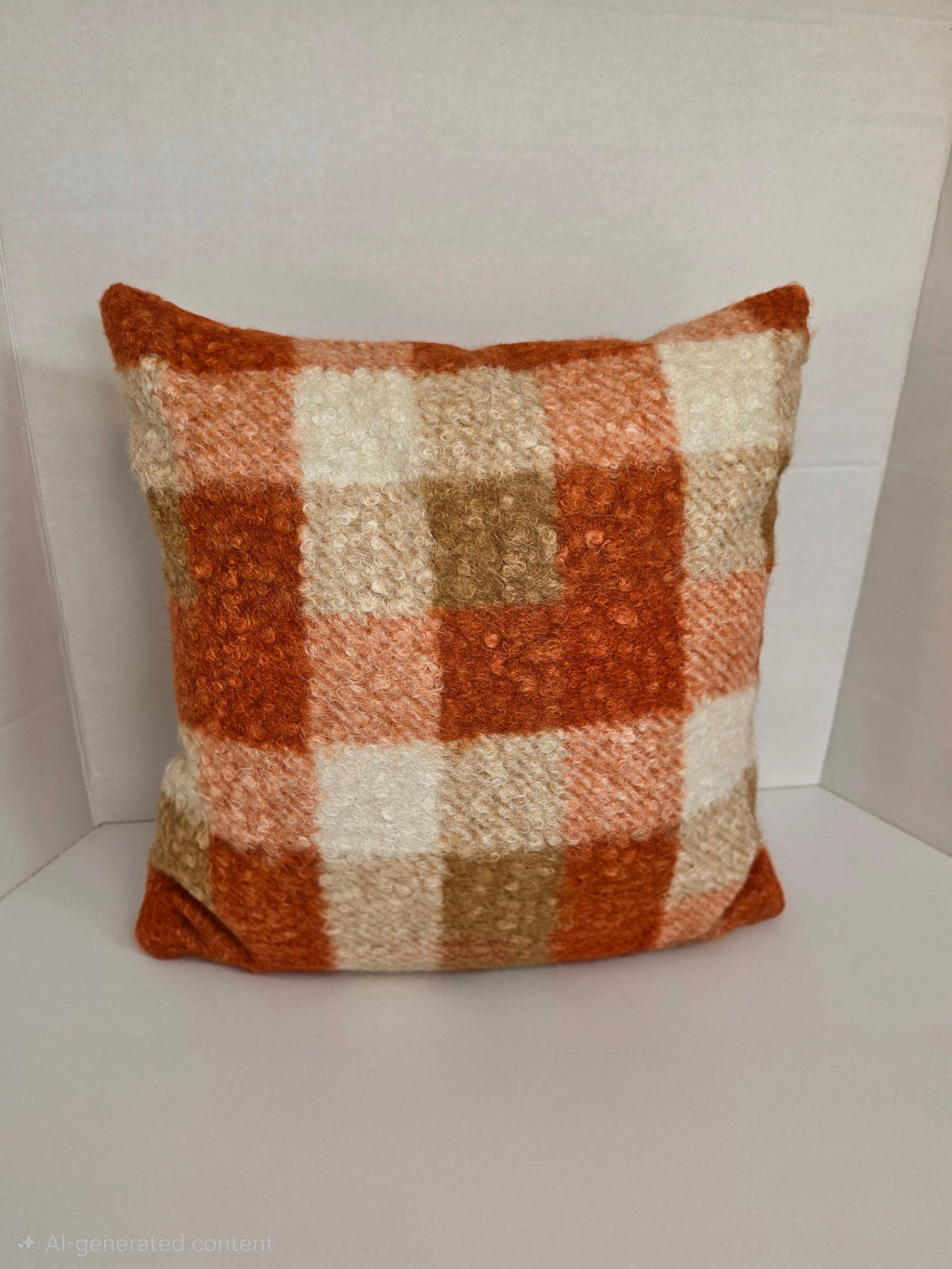 Autumn Orange, cream Checkered Bouclé cushion cover 40cm x 40cm - Cushions Galore