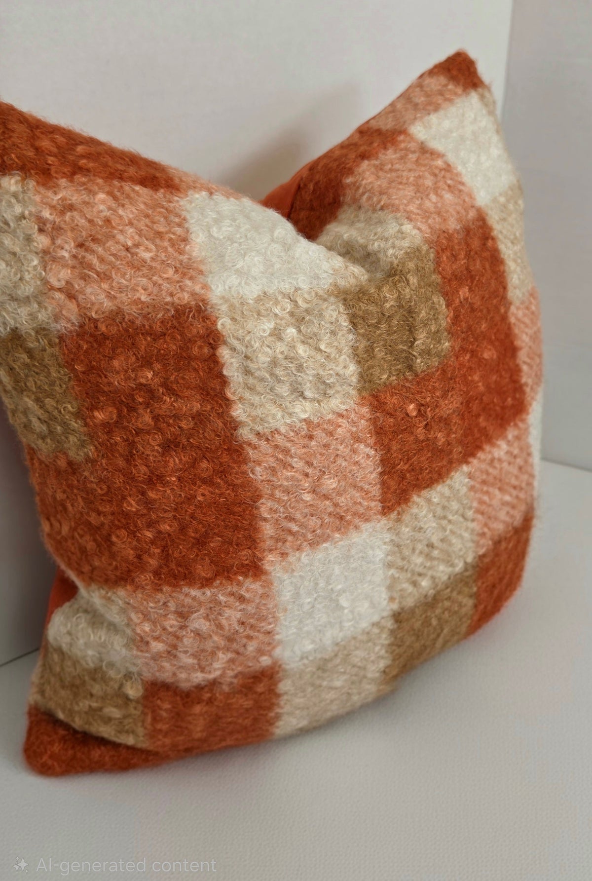 Autumn Orange, cream Checkered Bouclé cushion cover 40cm x 40cm - Cushions Galore