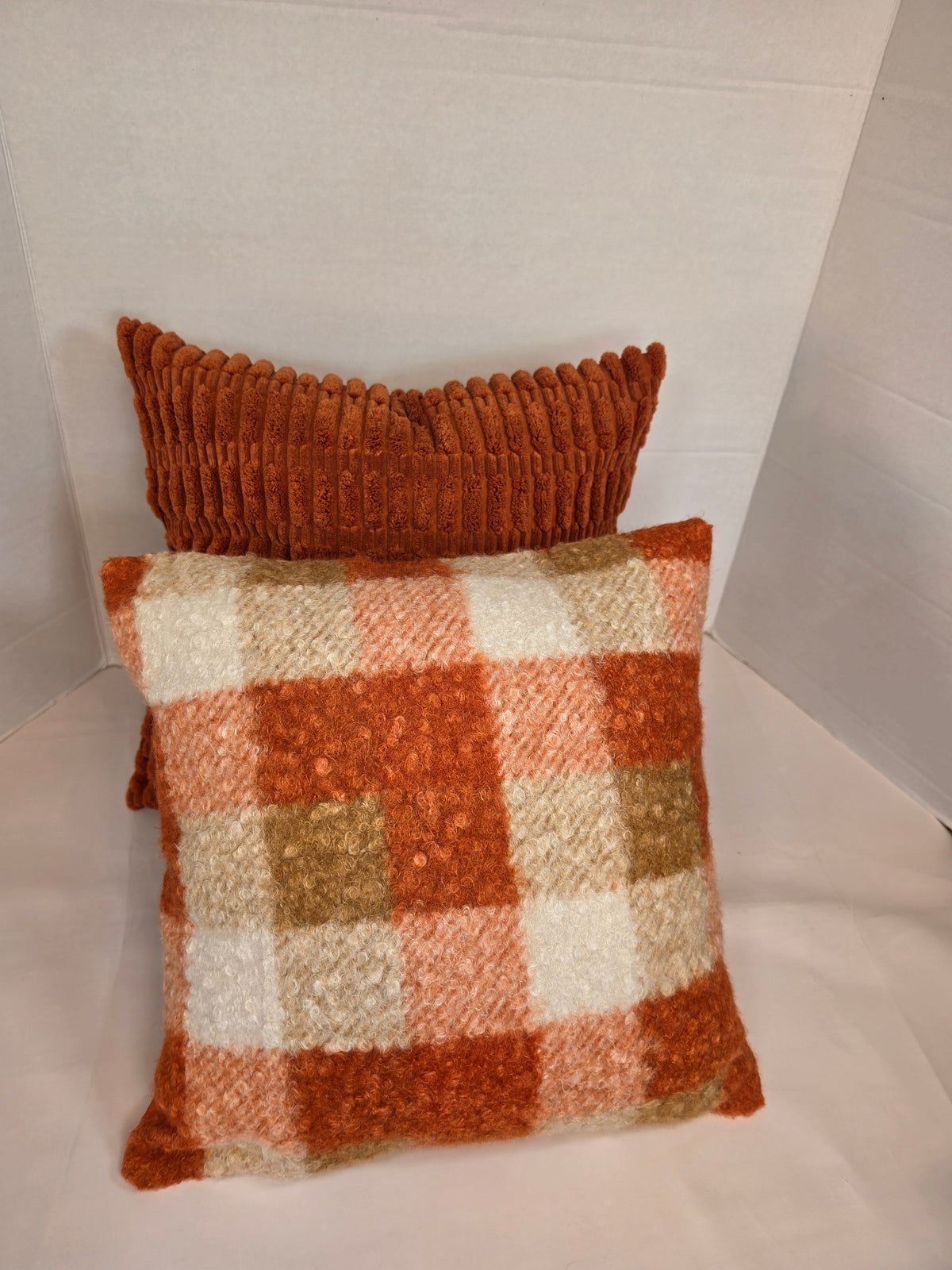 Autumn Orange, cream Checkered Bouclé cushion cover 40cm x 40cm - Cushions Galore