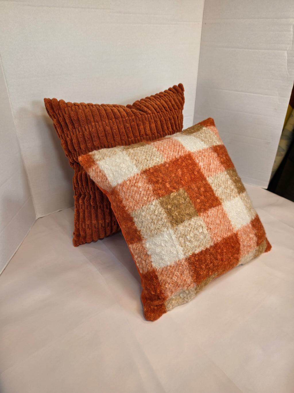 Autumn Orange, cream Checkered Bouclé cushion cover 40cm x 40cm - Cushions Galore