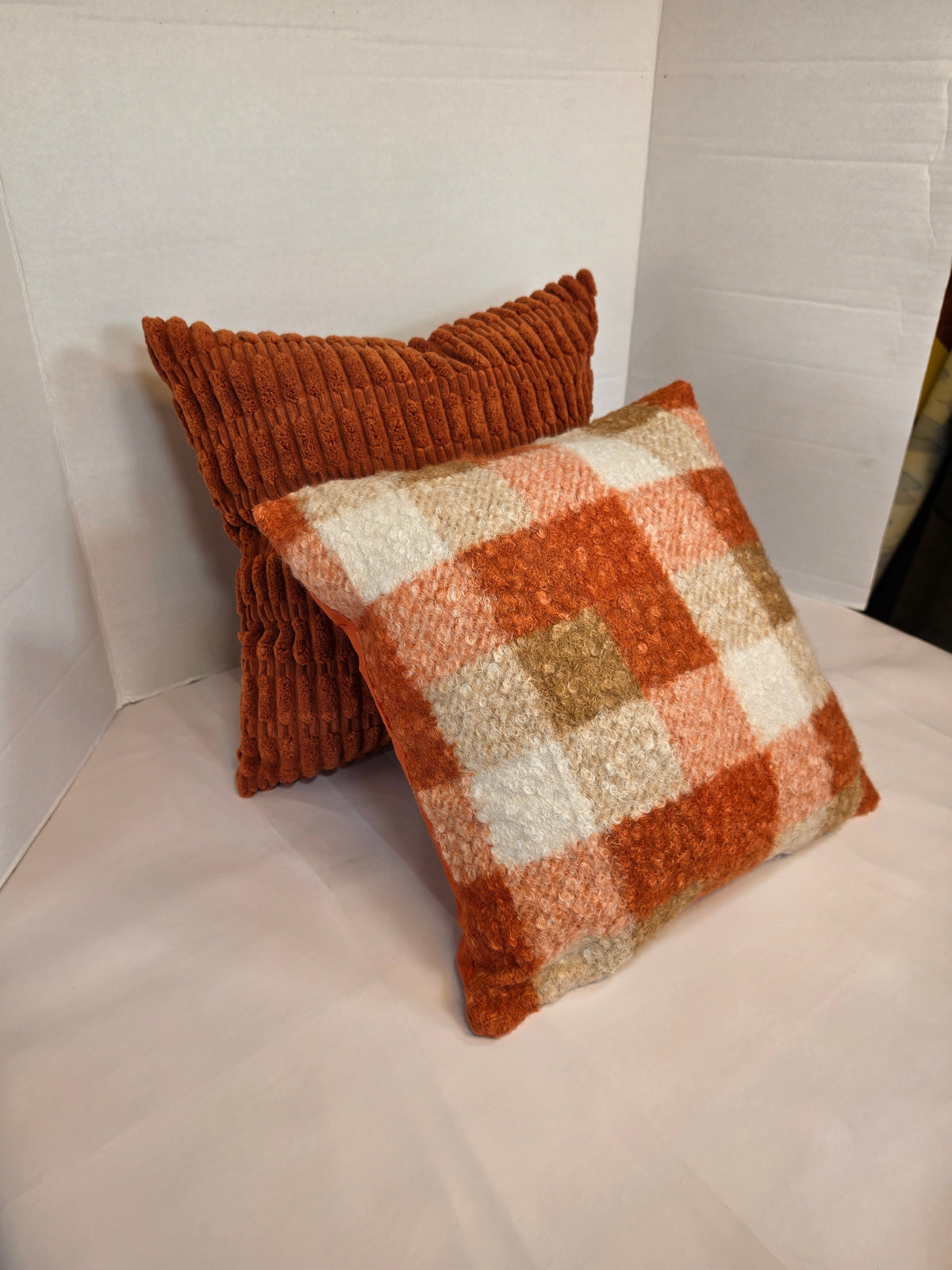 Autumn Orange, cream Checkered Bouclé cushion cover 40cm x 40cm - Cushions Galore