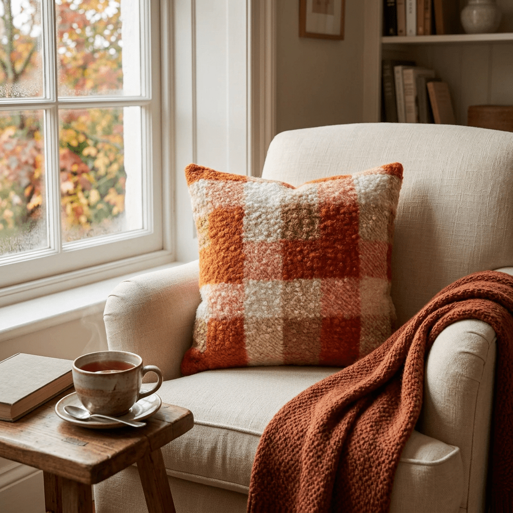 Autumn Orange, cream Checkered Bouclé cushion cover 40cm x 40cm - Cushions Galore