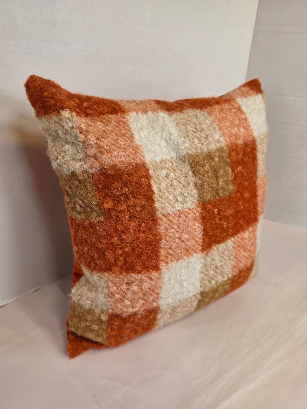 Autumn Orange, cream Checkered Bouclé cushion cover 40cm x 40cm - Cushions Galore