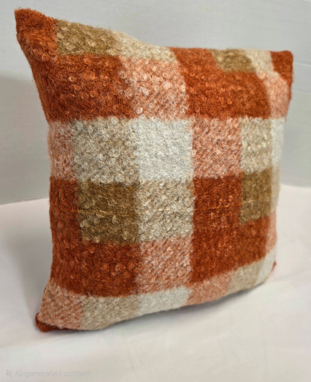 Autumn Orange, cream Checkered Bouclé cushion cover 40cm x 40cm - Cushions Galore