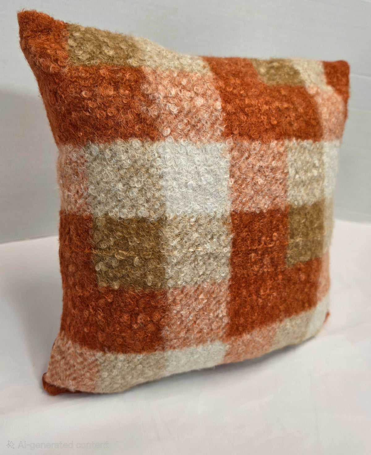 Autumn Orange, cream Checkered Bouclé cushion cover 40cm x 40cm - Cushions Galore