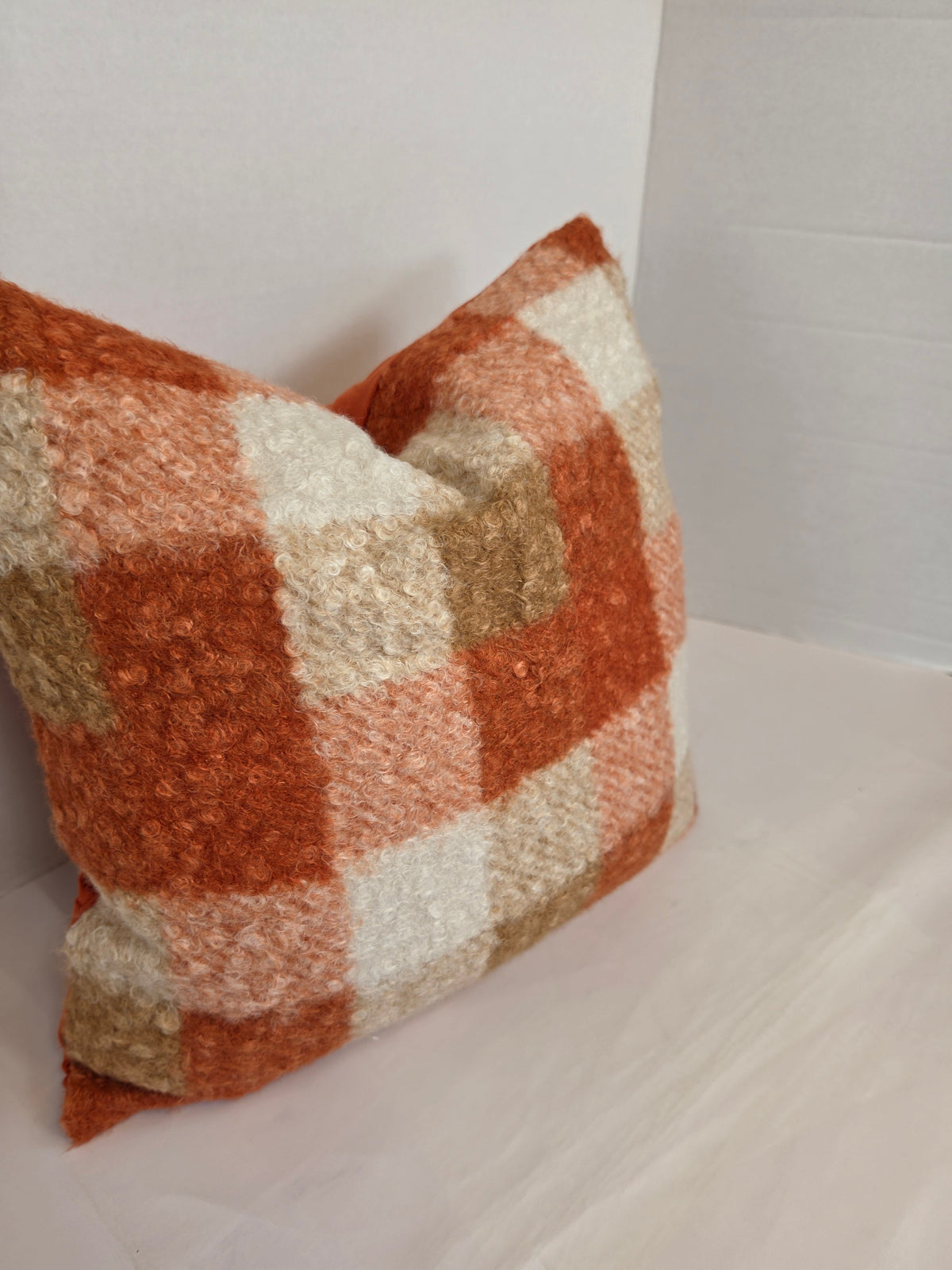 Autumn Orange, cream Checkered Bouclé cushion cover 40cm x 40cm - Cushions Galore