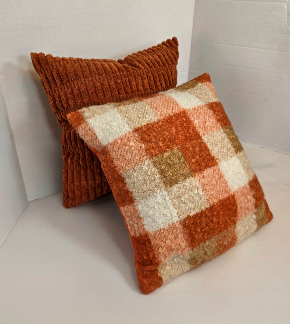 Autumn Orange, cream Checkered Bouclé cushion cover 40cm x 40cm - Cushions Galore