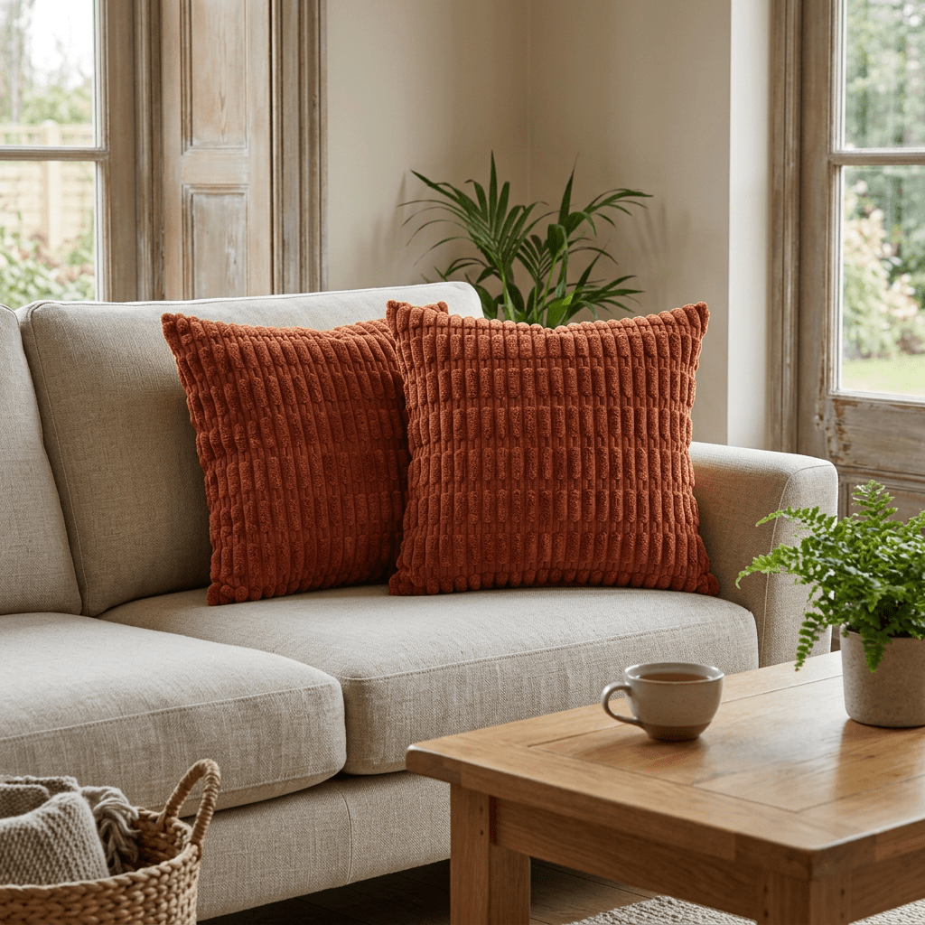 Burnt Orange Textured Chenille Ribbed Cushion Cover - Cushions Galore