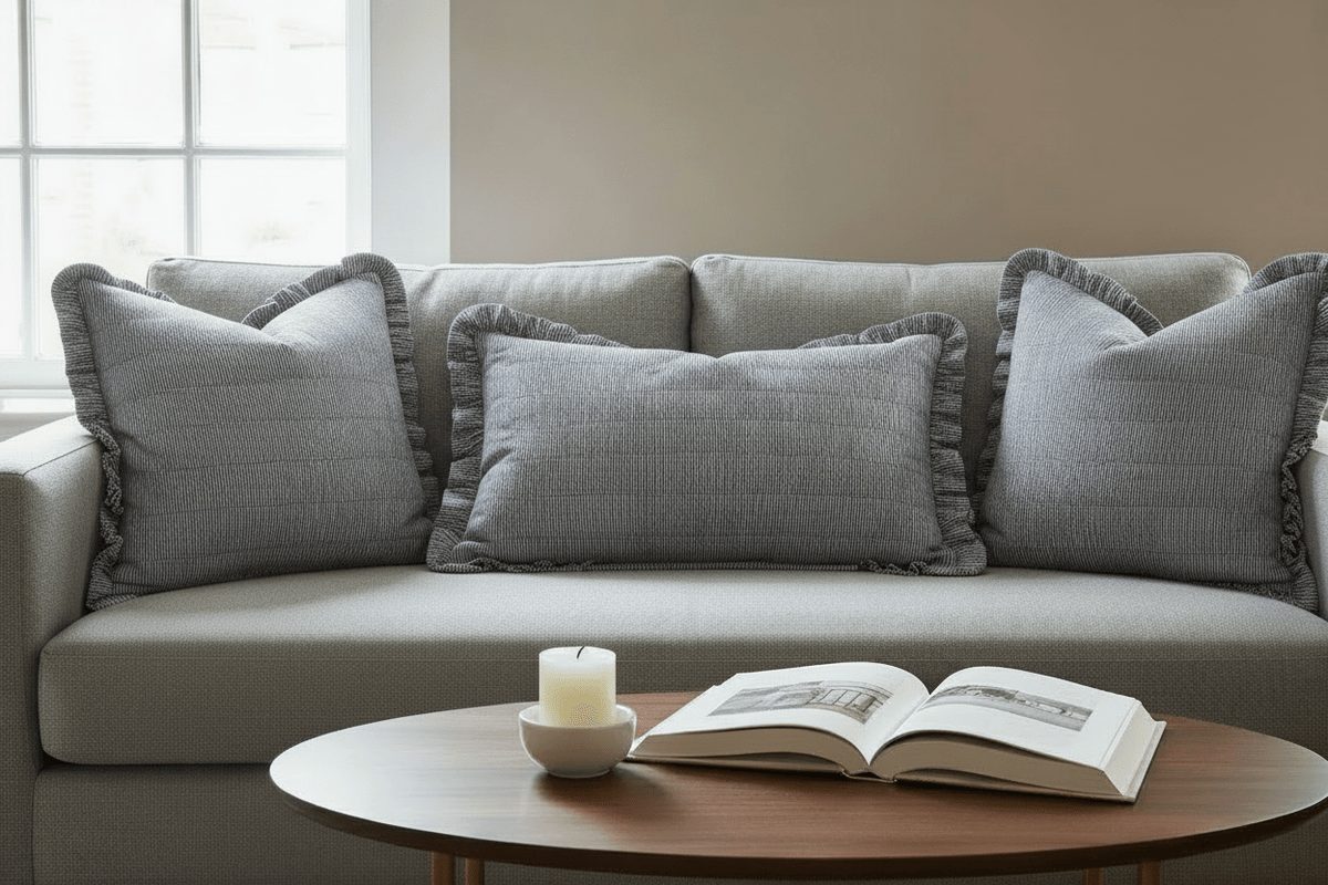 Handmade John Lewis herringbone 40cm cushion cover with frill - Cushions Galore