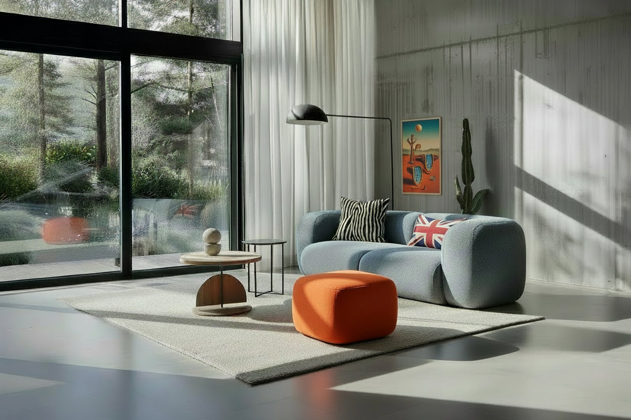 Modern living room with a blue sofa, pouf, and boutique cushions.
