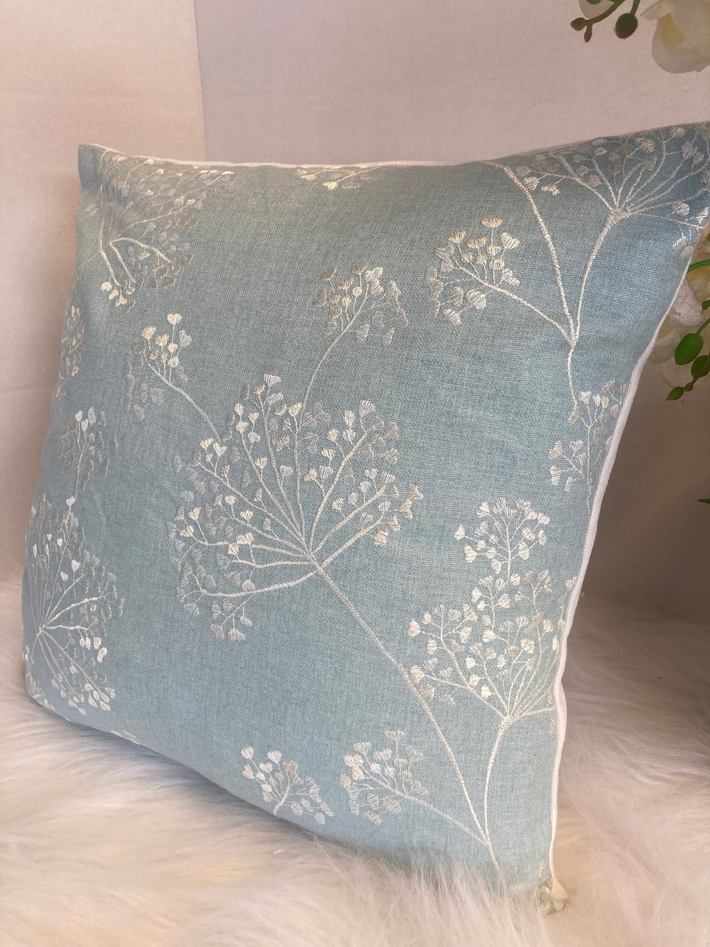 John Lewis Duck Egg Blue Embroidered Stem Cushion Cover - Cushions Galore