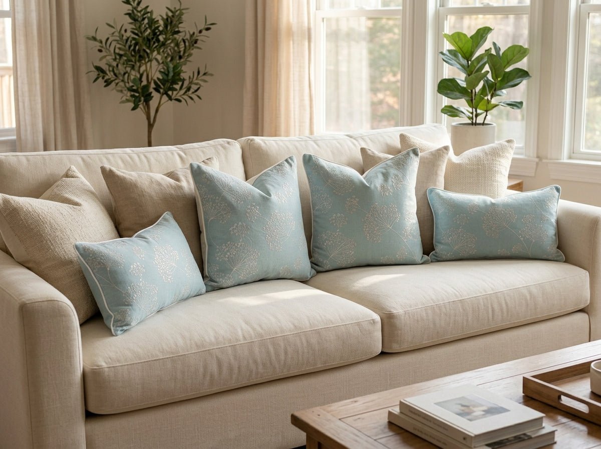 John Lewis Duck Egg Blue Embroidered Stem Cushion Cover - Cushions Galore
