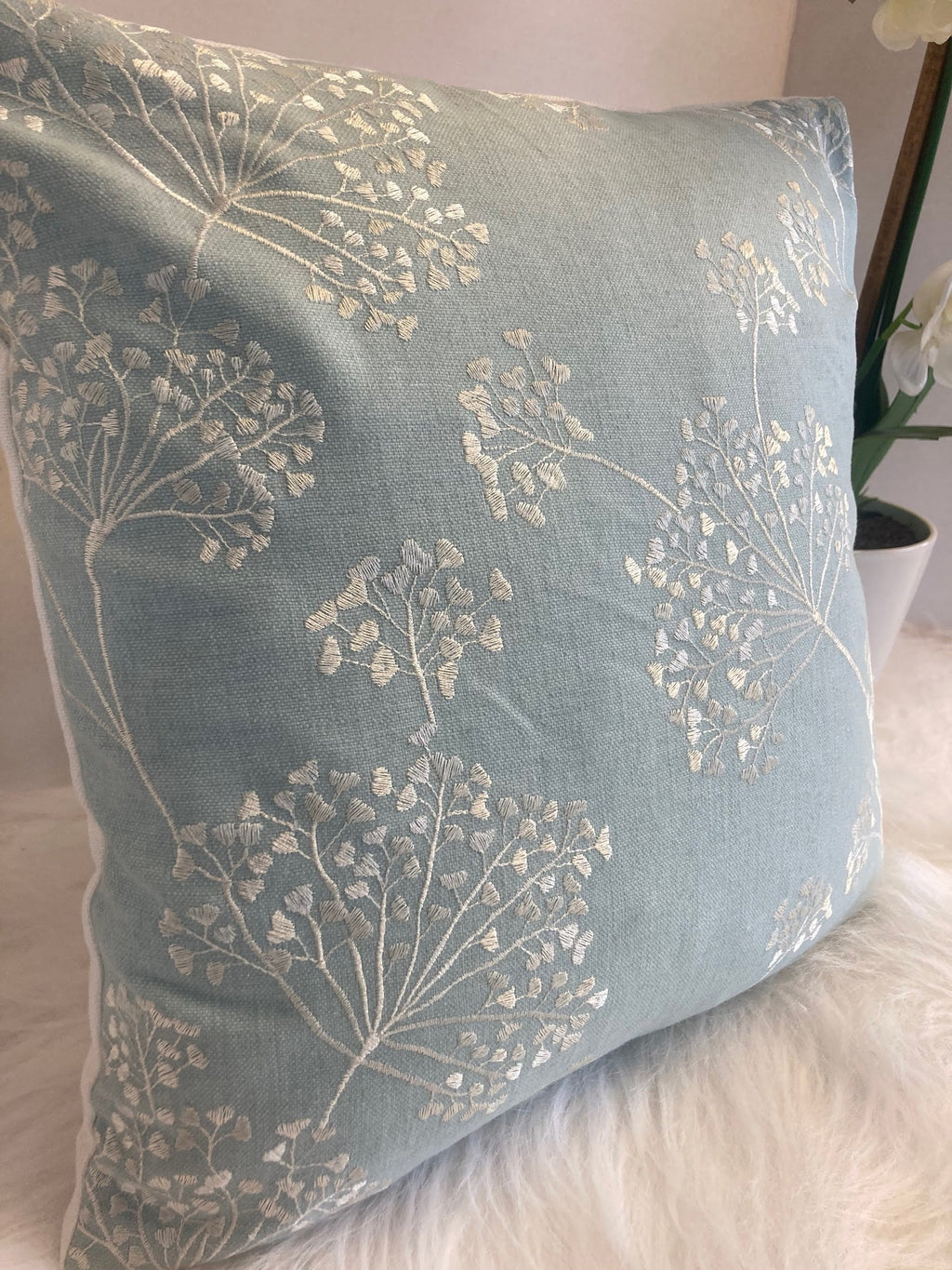 John Lewis Duck Egg Blue Embroidered Stem Cushion Cover - Cushions Galore