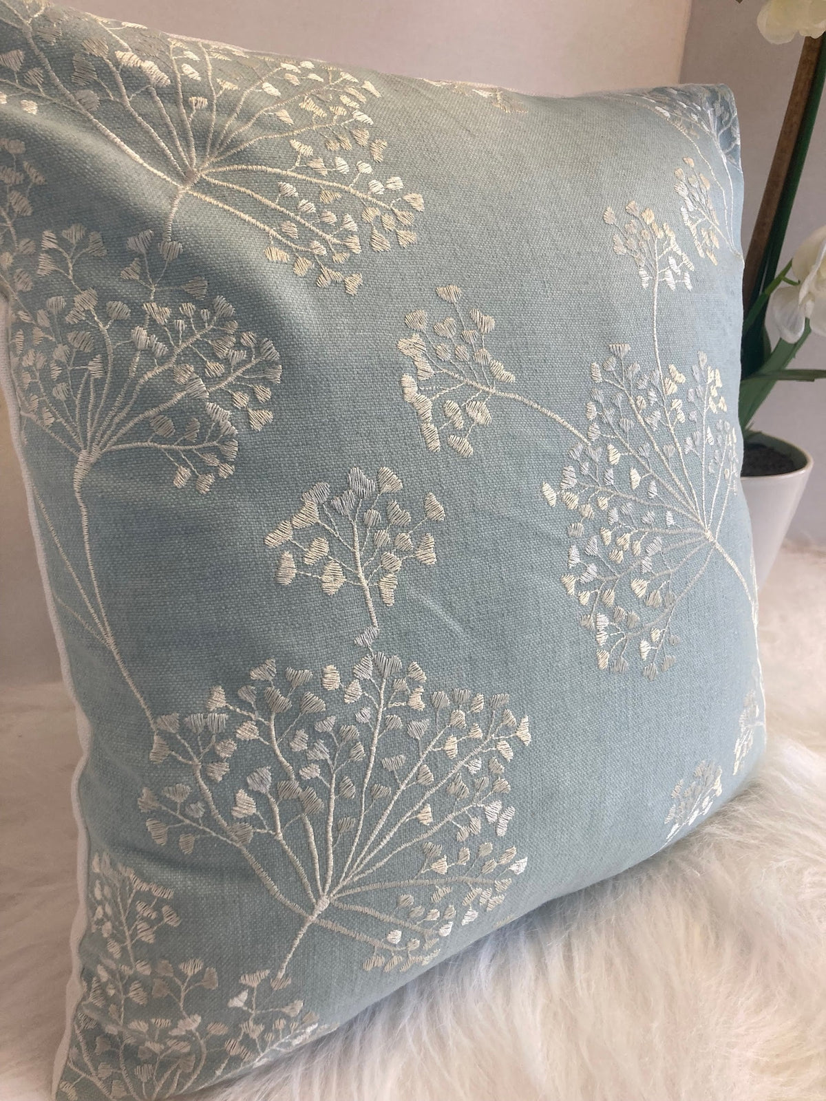 John Lewis Duck Egg Blue Embroidered Stem Cushion Cover - Cushions Galore