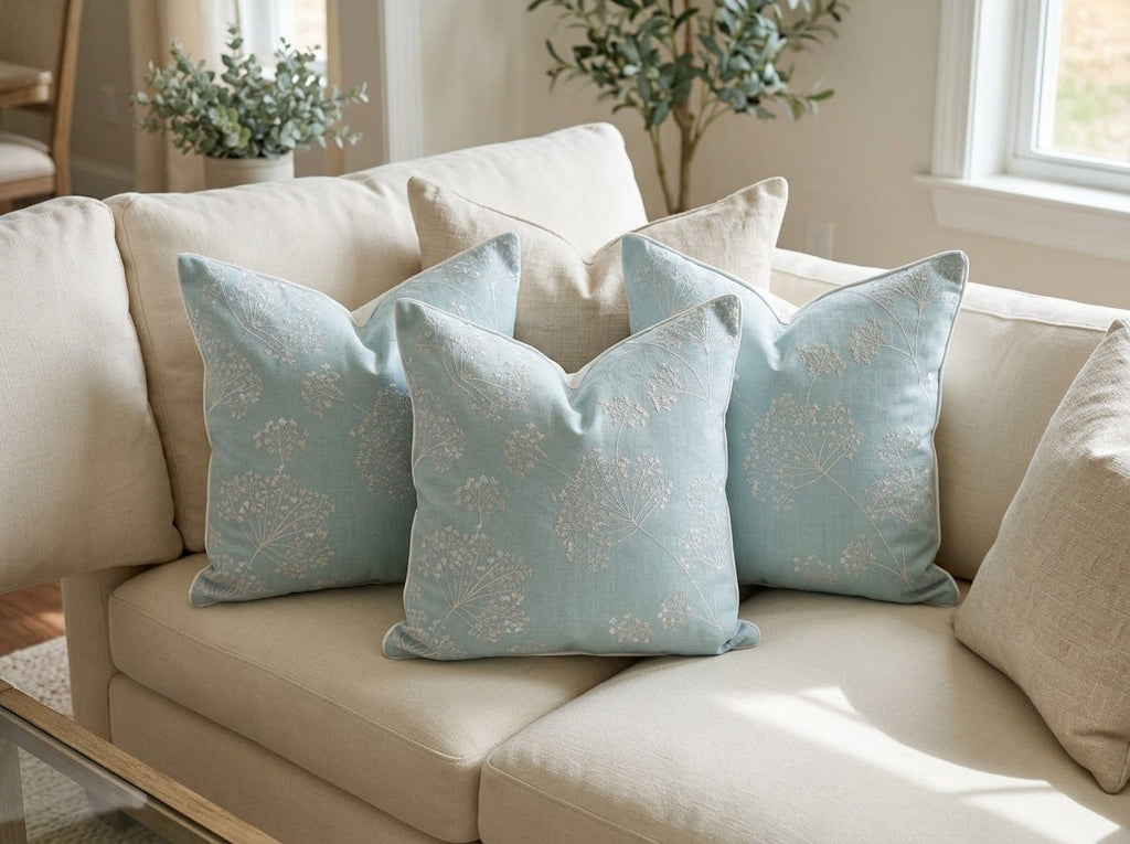 John Lewis Duck Egg Blue Embroidered Stem Cushion Cover - Cushions Galore