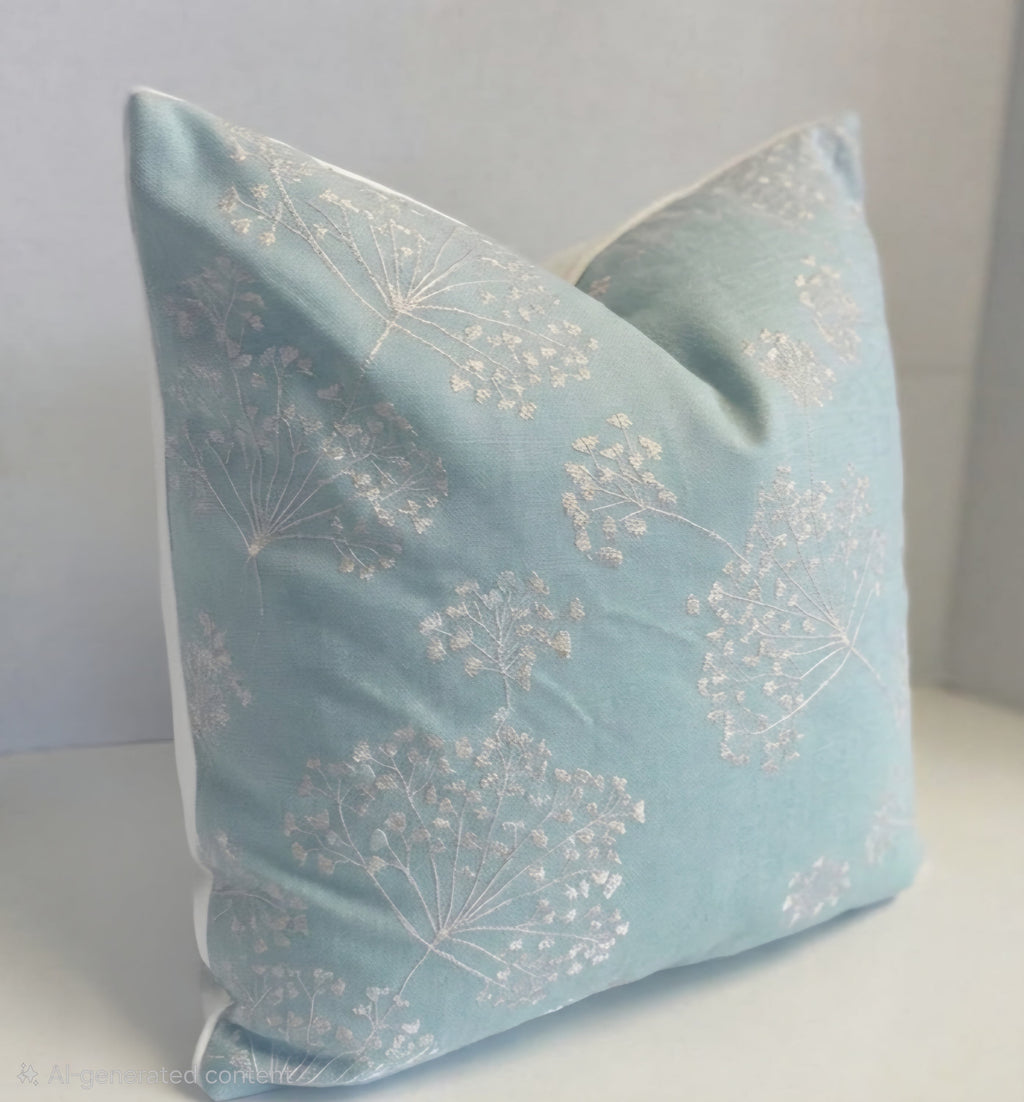 John Lewis Duck Egg Blue Embroidered Stem Cushion Cover - Cushions Galore