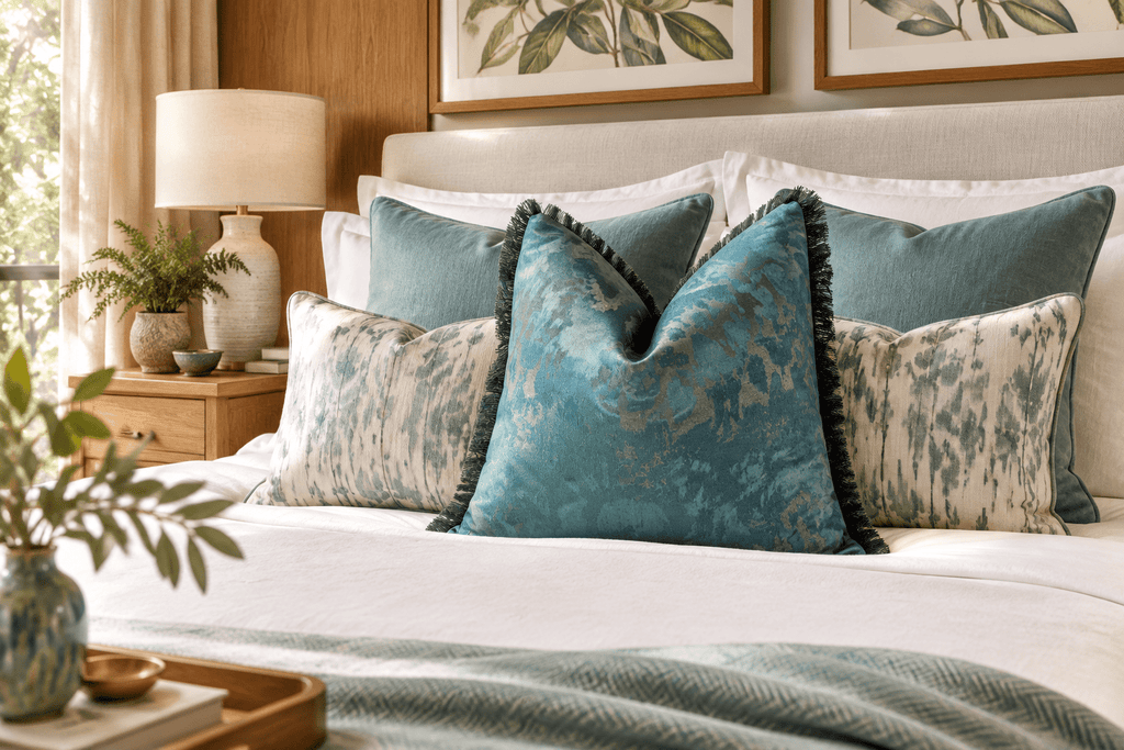 John Lewis Turquoise Marbled Effect Fringed Cushion Covers 40cm X 40cm cover only - Cushions Galore