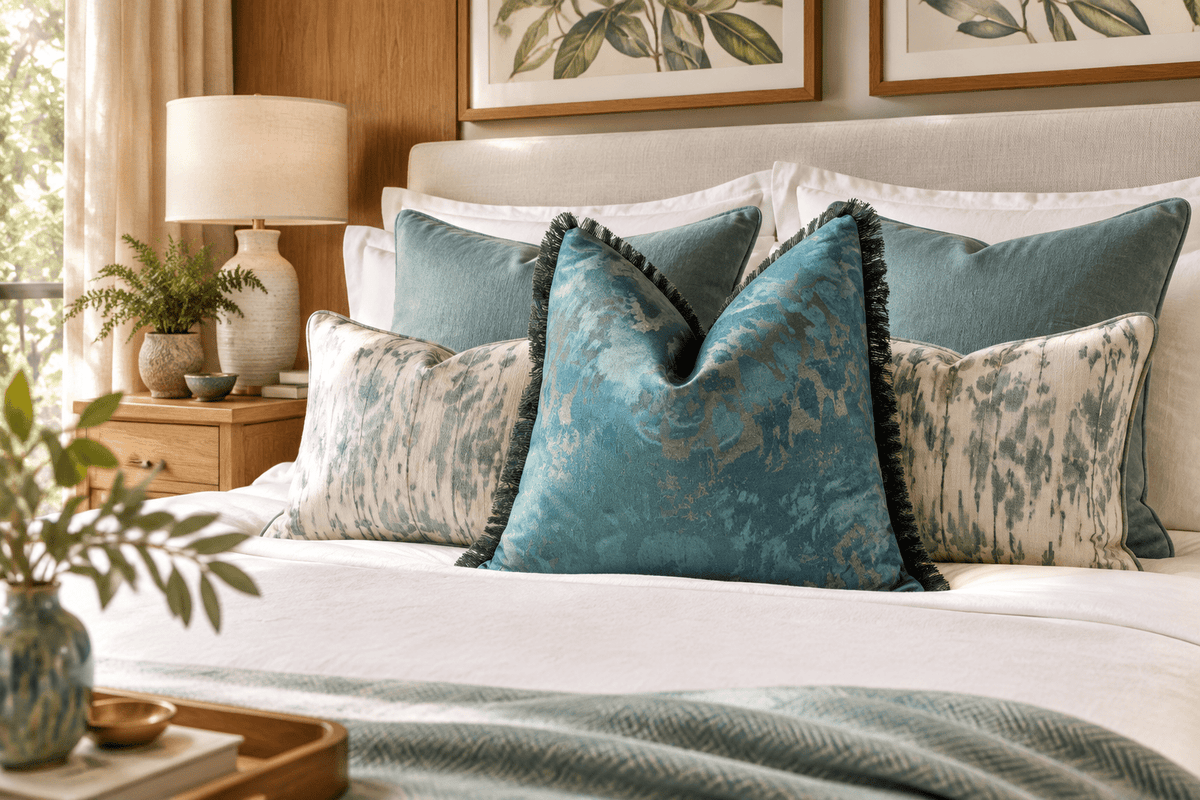 John Lewis Turquoise Marbled Effect Fringed Cushion Covers 40cm X 40cm cover only - Cushions Galore