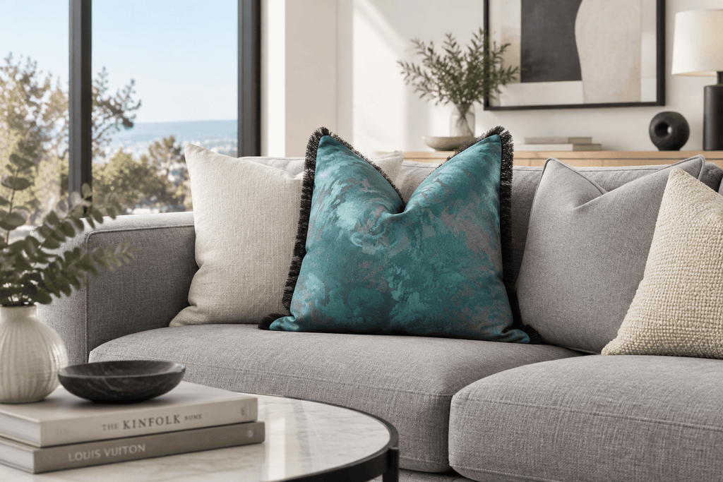 John Lewis Turquoise Marbled Effect Fringed Cushion Covers 40cm X 40cm cover only - Cushions Galore